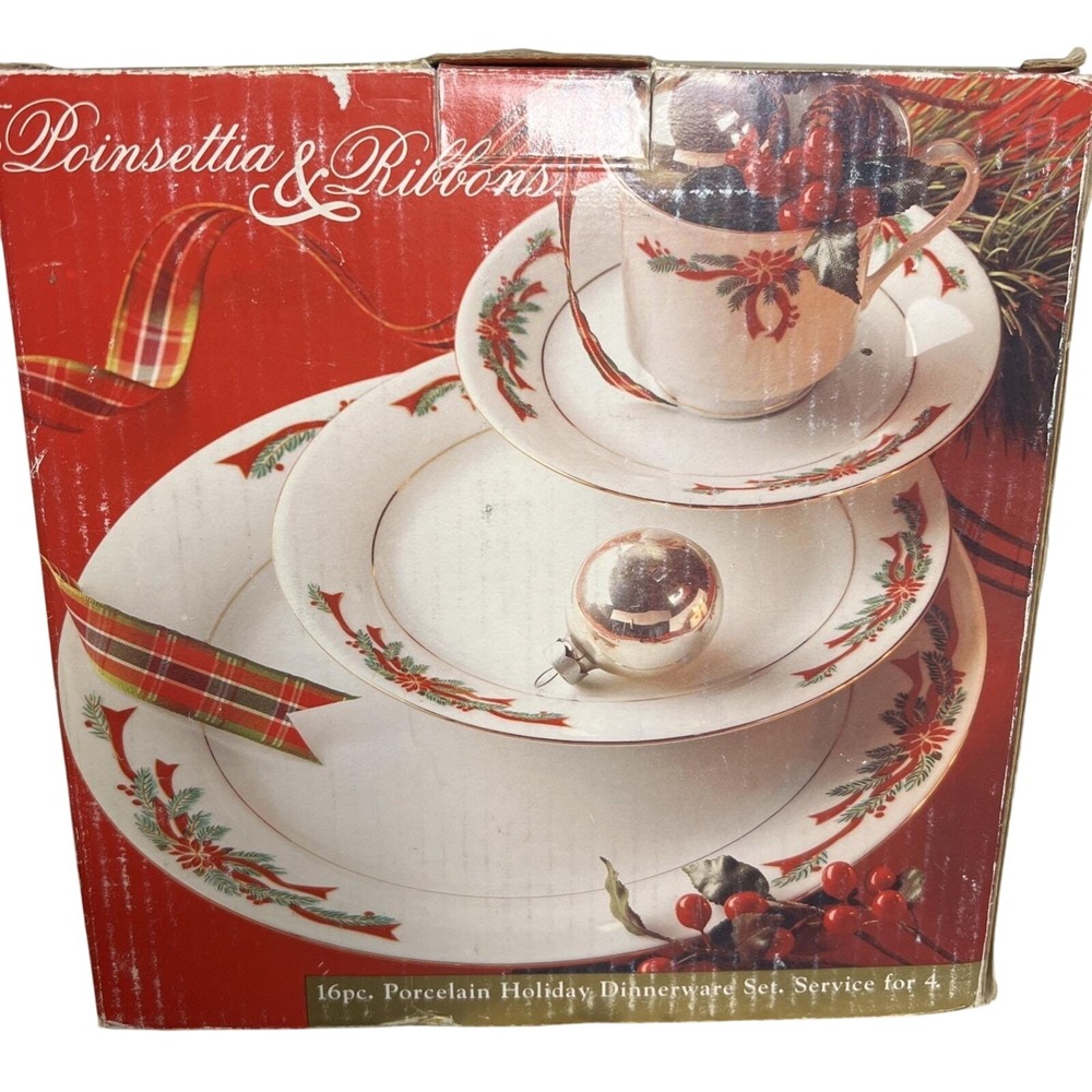 Vintage K-mart exclusive dinnerware set NIB Pointettia & Ribbons Dinnerware Set